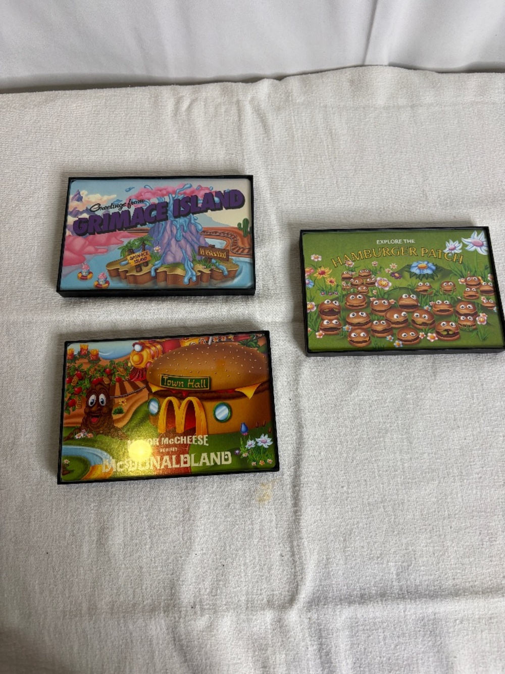 McDONALDS Set of 3 Grimace Island, McDonaldland, Hamburger Patch Frame Postcards